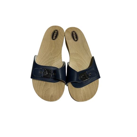 VTG Dr Scholls Sandals Original Wooden Exercise Clog Navy Made in Italy 8 US NEW - Picture 1 of 8